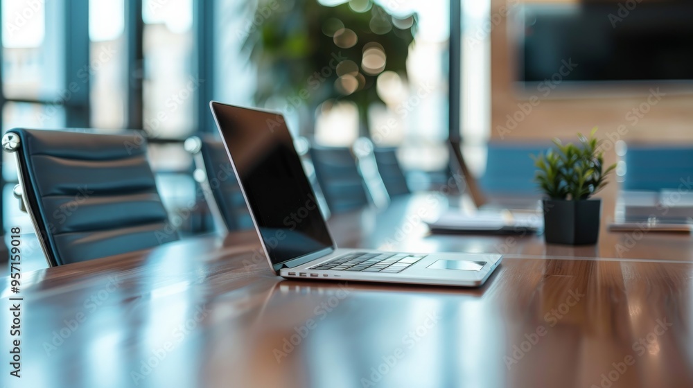 Laptop on a conference table during a business meeting Laptop on a conference table during a business meeting