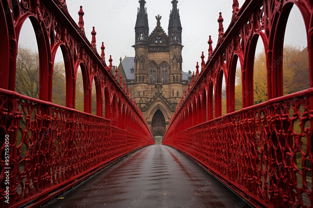 Obraz premium Highlighting architectural features with red lines for enhanced contrast in buildings and bridges