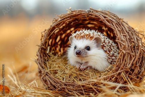 Hedgehog Curled Up in a Nest of Twigs and Hay photo