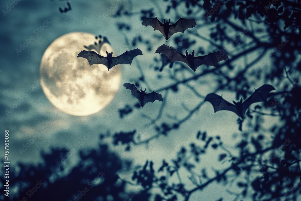 Silhouetted bats flying under a full moon in a dark, eerie night sky, with tree branches adding to the spooky Halloween ambiance. Silhouetted bats flying under a full moon in a dark, eerie night sky, with tree branches adding to the spooky Halloween ambiance.