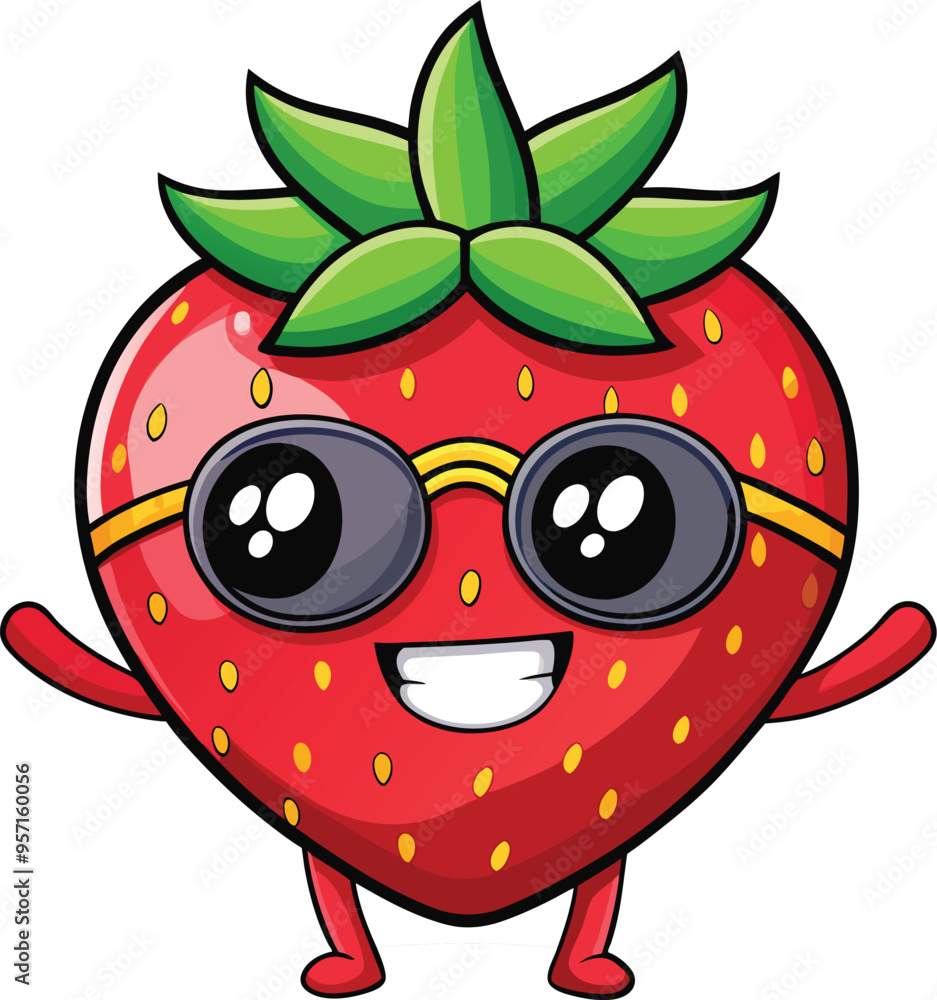 Obraz premium Cute Cartoon isolated Strawberry | with a sunglass & Christmas hat and siting on Easter egg