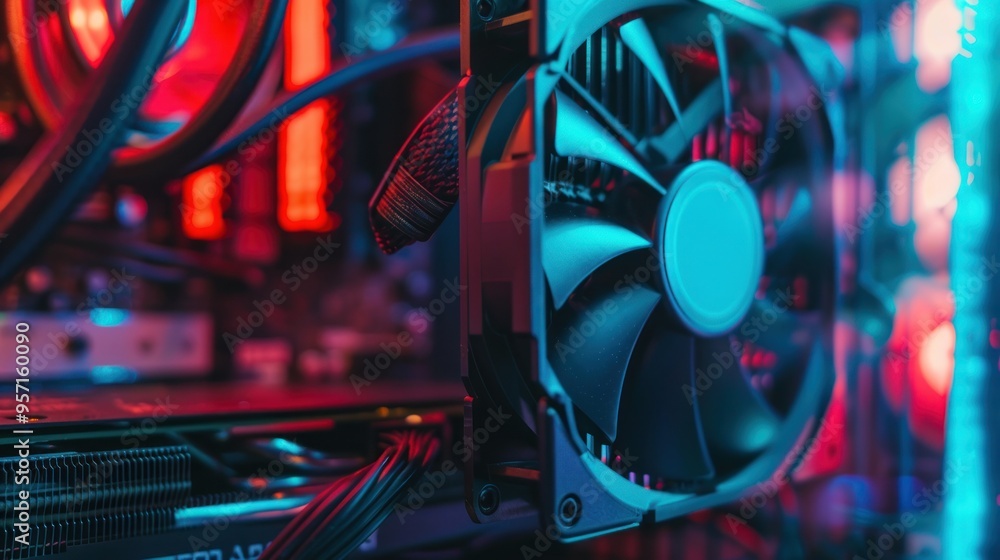 Close-up of a computer fan illuminated with blue and red light. Close-up of a computer fan illuminated with blue and red light.