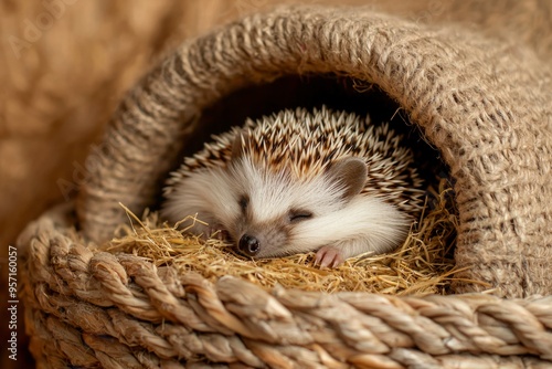 A Sleeping Hedgehog Curled Up in a Woven Nest photo