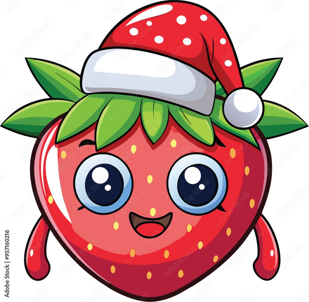 Fototapeta premium Cute Cartoon isolated Strawberry | with a sunglass & Christmas hat and siting on Easter egg