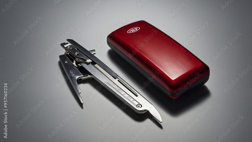 Product photography of a red stapler. Product photography of a red stapler.