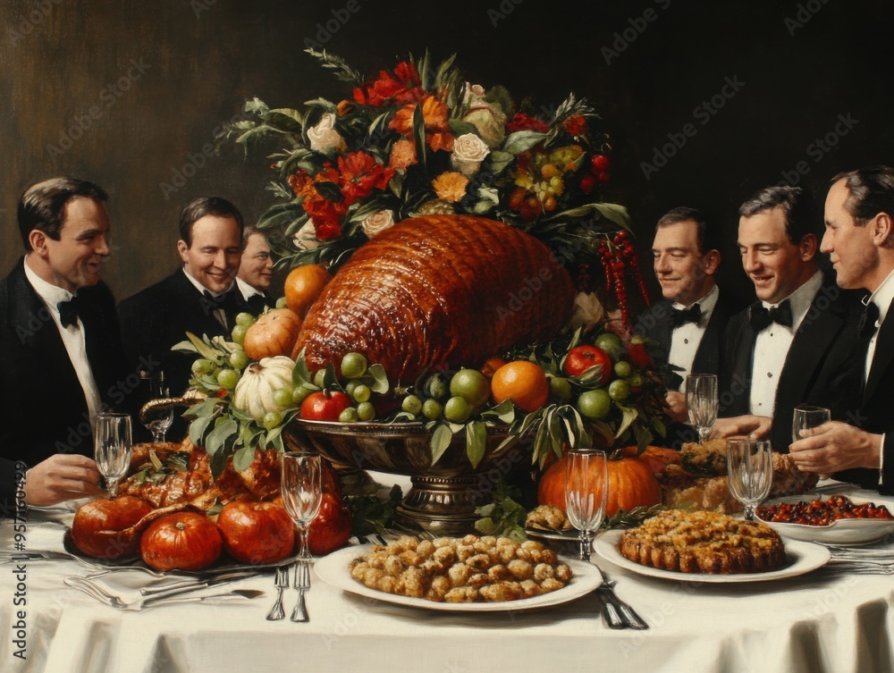 Fototapeta premium A large cornucopia placed at the center of a Thanksgiving banquet, with guests passing around dishes and raising glasses in celebration of the harvest