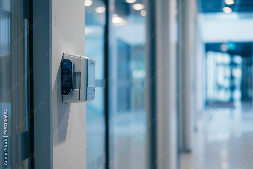A clean, modern office space with glass partitions, featuring a high-tech biometric access system strategically mounted on a wall. A clean, modern office space with glass partitions, featuring a high-tech biometric access system strategically mounted on a wall.