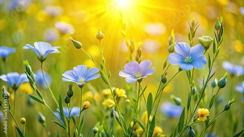 Yellow-blooming flax plants sway gently in a lush green meadow, their delicate stems and leaves rustling softly in the warm sunlight on a serene summer day. photo