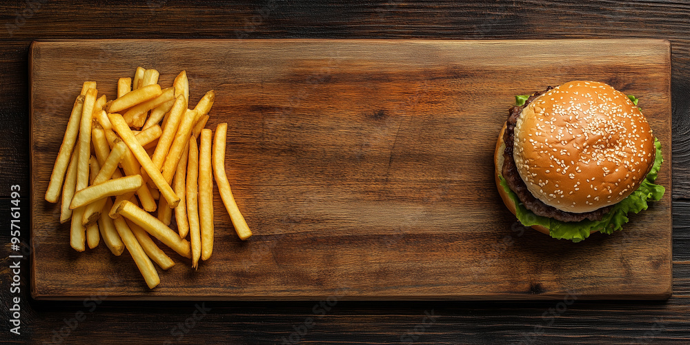Burger and fries side by side on a wooden board Burger and fries side by side on a wooden board