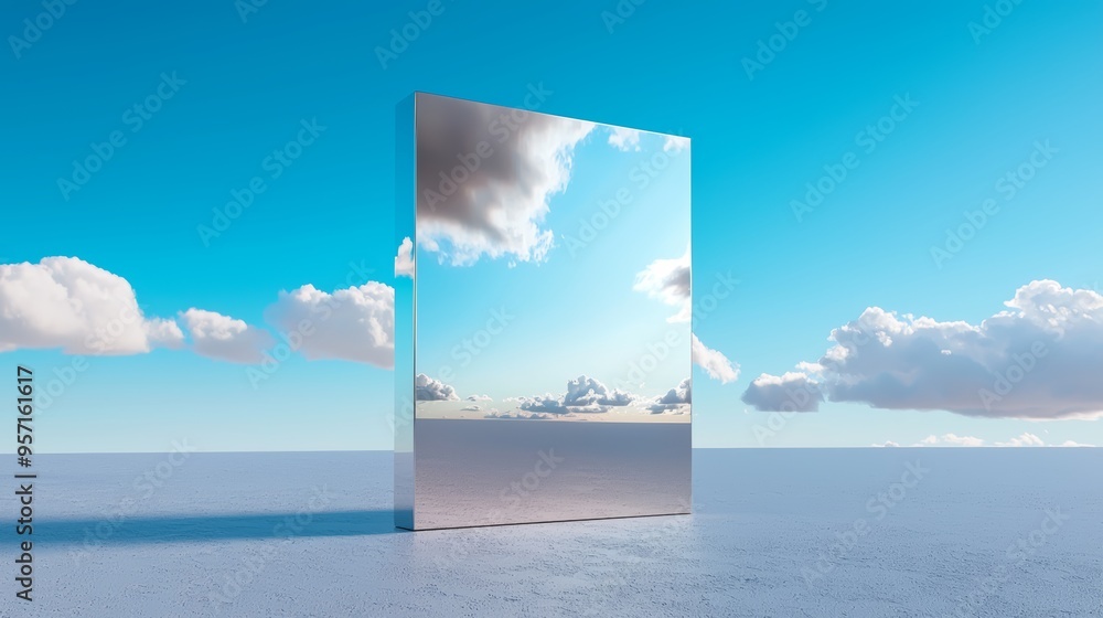 A stainless steel square mockup with a polished surface, reflecting an image of a lush green forest, symbolizing environmental preservation. A stainless steel square mockup with a polished surface, reflecting an image of a lush green forest, symbolizing environmental preservation.