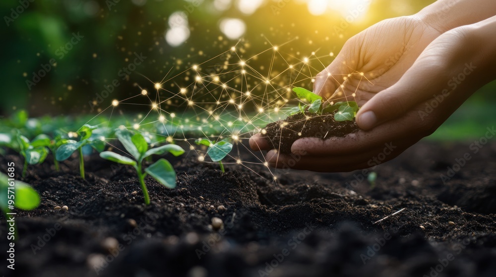 Fototapeta premium Hands Holding a Sprout with Network Illustration, representing Growth and Connectivity