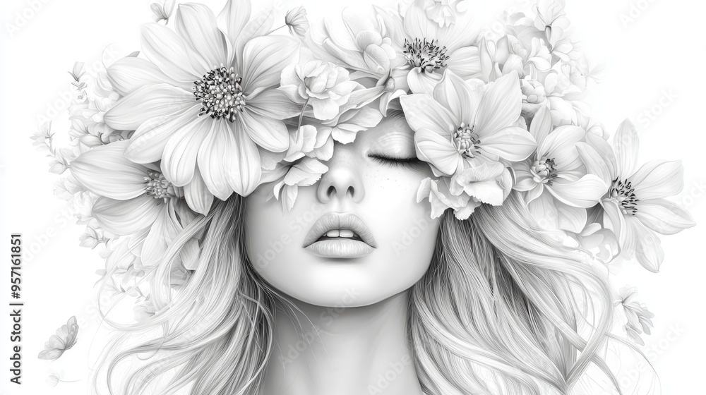 A stunning portrait of a serene woman adorned with flowers, embodying beauty and nature in a graceful black and white illustration. A stunning portrait of a serene woman adorned with flowers, embodying beauty and nature in a graceful black and white illustration.