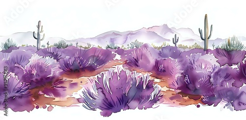 watercolor painting of a vibrant lavender field set against a mountainous backdrop, with cacti in the foreground, blending desert and floral landscapes. Perfect for themes related to nature photo