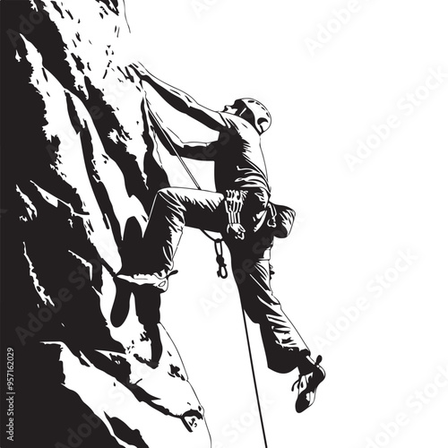 Mountain Climbing Vector Art Black and White Illustration of an Adventurous Climber on a Steep Cliff