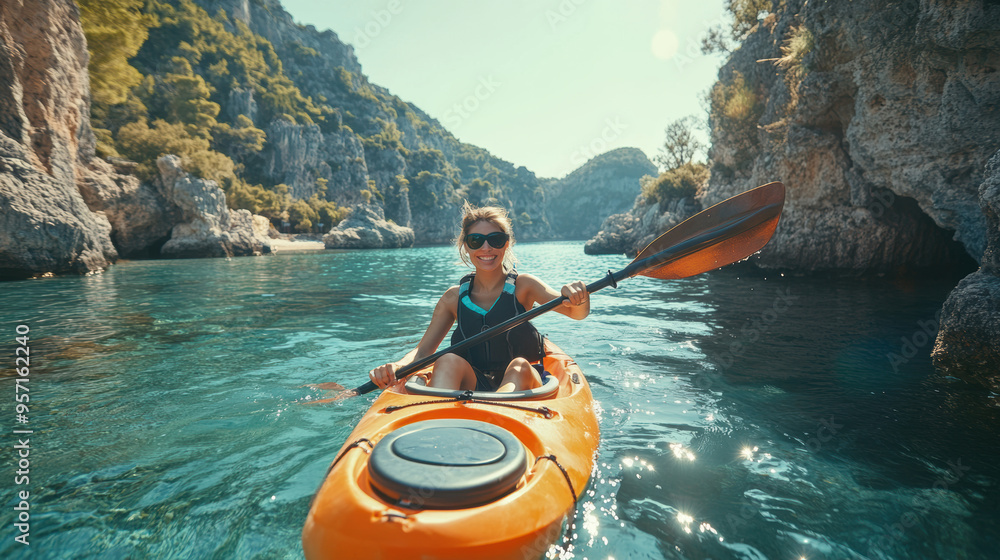 Fototapeta premium A kayaker exploring rocky valley in shallow sea