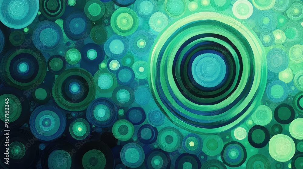 Abstract concentric circles of varying sizes, in shades of green and blue, creating a vibrant, dynamic visual effect Abstract concentric circles of varying sizes, in shades of green and blue, creating a vibrant, dynamic visual effect
