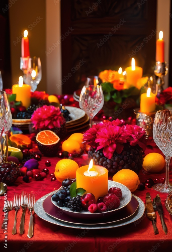 Obraz premium vibrant dining table decorated festive decorations ambient lighting joyful gathering experience, ambiance, setup, arrangement, colors, centerpiece, plates