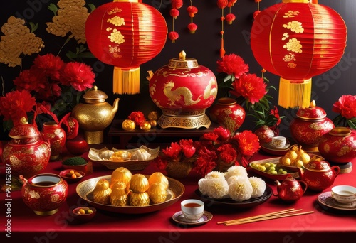 Wallpaper Mural vibrant lunar new year table arrangement featuring colorful traditional festive accents celebration, decoration, centerpieces, flowers, lanterns, plates Torontodigital.ca