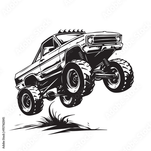 Vector illustration of a monster truck leaping through the air in a thrilling black and white design