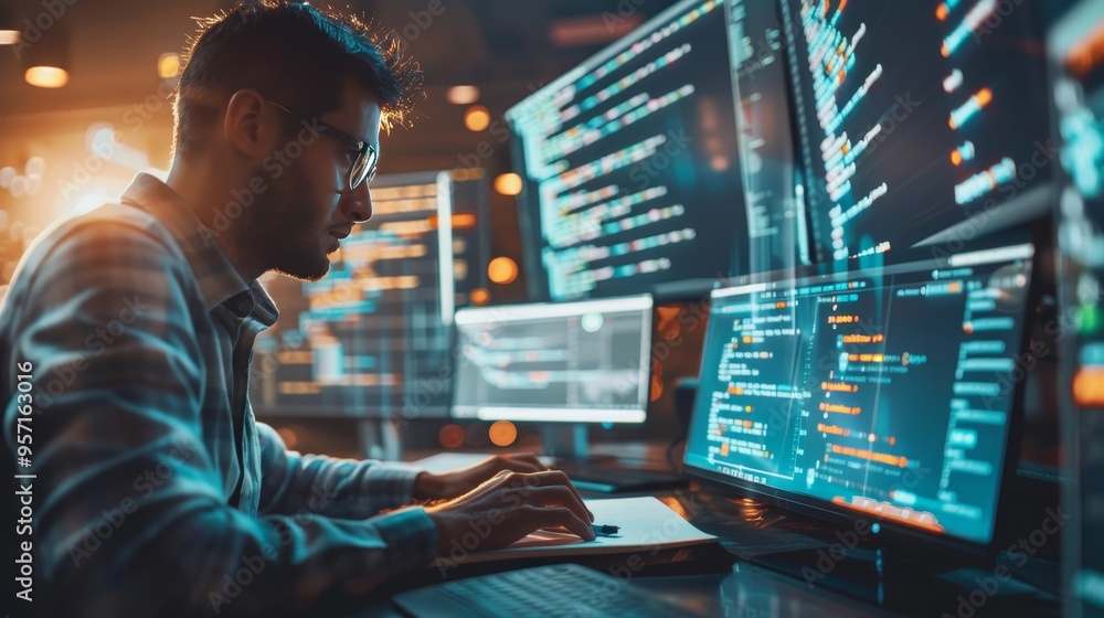Intense hacker at work immersed in code surrounded by multiple screens and digital data Intense hacker at work immersed in code surrounded by multiple screens and digital data