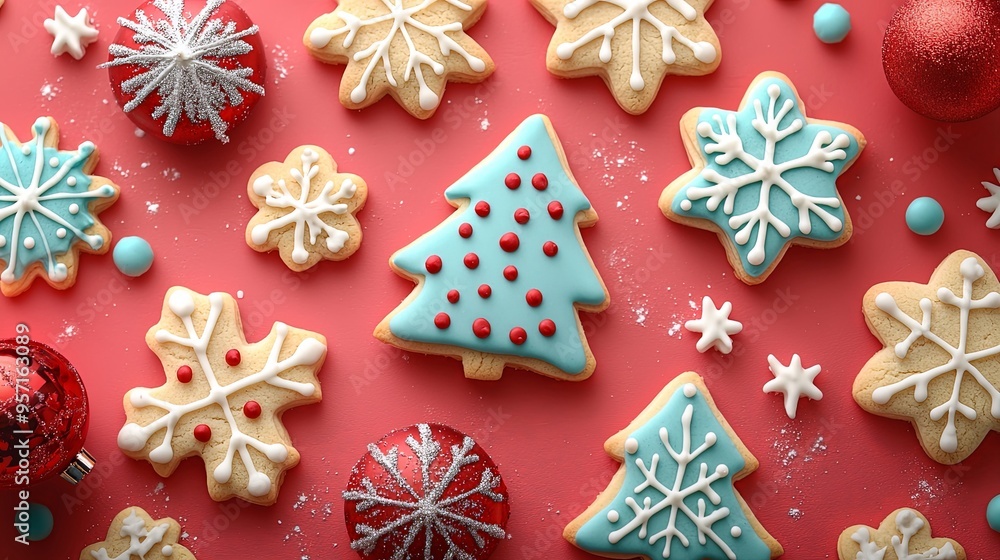 Elegant Christmas cookies in shades of blue and red, designed with intricate icing patterns, surrounded by festive ornaments and small snowflakes, perfect for winter celebrations. Elegant Christmas cookies in shades of blue and red, designed with intricate icing patterns, surrounded by festive ornaments and small snowflakes, perfect for winter celebrations.