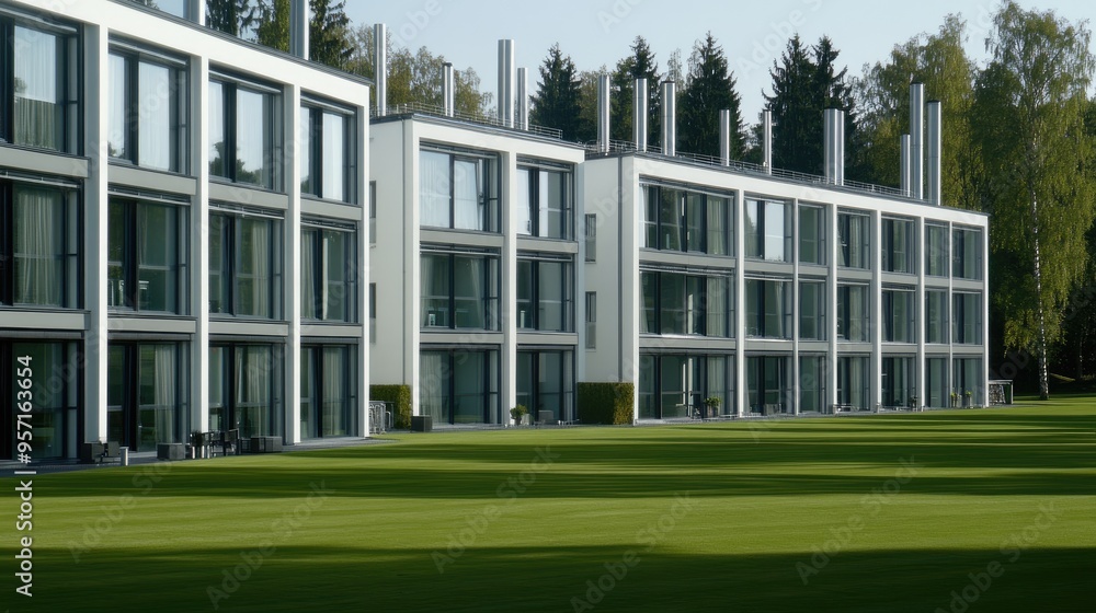 An industrial facility features sleek gray metal design and large windows, while a white farmhouse stands nearby, highlighting innovation and tradition in a green landscape An industrial facility features sleek gray metal design and large windows, while a white farmhouse stands nearby, highlighting innovation and tradition in a green landscape