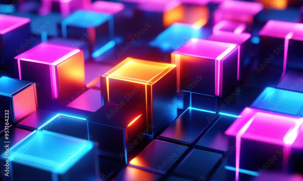 Vibrant and colorful neon lights shining on three-dimensional rectangular blocks, creating an abstract background with geometric shapes Generative AI Vibrant and colorful neon lights shining on three-dimensional rectangular blocks, creating an abstract background with geometric shapes Generative AI