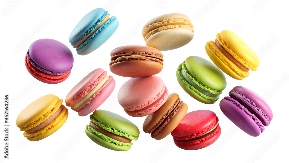 Various colorful macarons floating on the air isolated on transparent background Various colorful macarons floating on the air isolated on transparent background