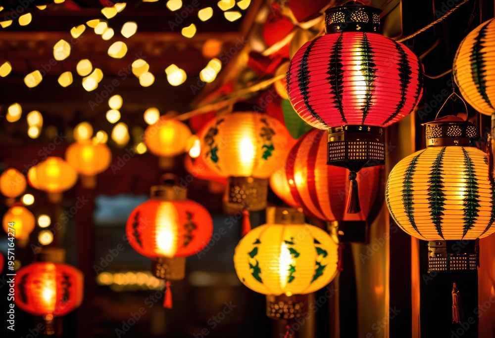 Obraz premium vibrant lanterns decorative elements showcasing colorful display intricate designs bright illumination, decoration, art, festival, light, pattern, craftsmanship