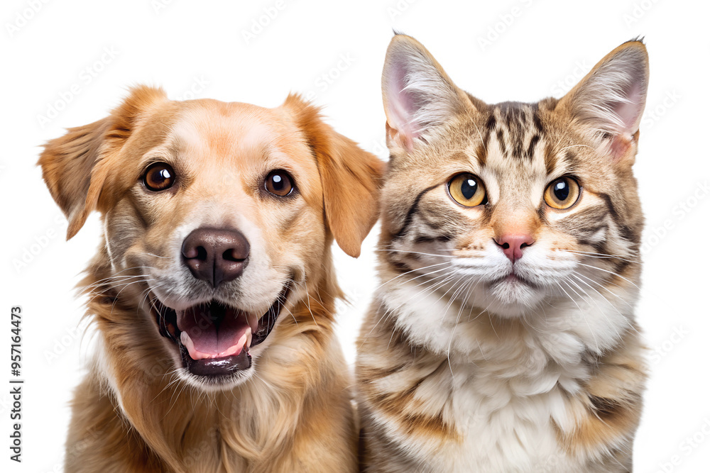 Portrait of Happy dog and cat that looking at the camera together isolated on transparent background Portrait of Happy dog and cat that looking at the camera together isolated on transparent background