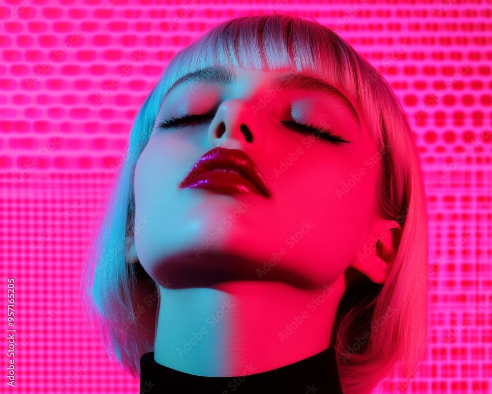 Young E-Girl with Neon Hair and Graphic Eyeliner Posing Against Abstract Glitch Effect Background Evoking Digital Anxiety and Cyber Aesthetic at Night Young E-Girl with Neon Hair and Graphic Eyeliner Posing Against Abstract Glitch Effect Background Evoking Digital Anxiety and Cyber Aesthetic at Night