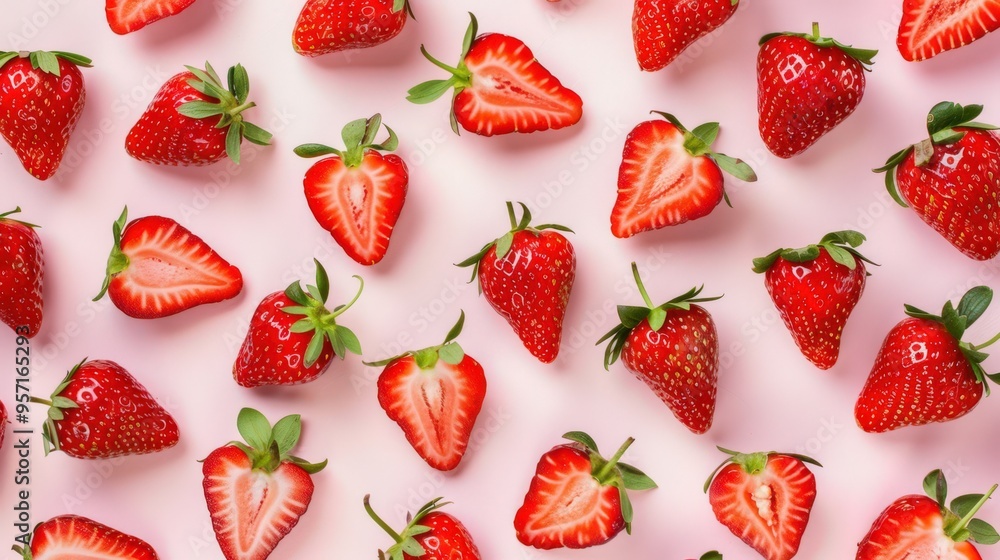 Top view fresh strawberries scattered on light pink background, vibrant red berries are whole halved, showcasing their juicy texture, image is perfect for themes related fresh fruits, healthy eating. Top view fresh strawberries scattered on light pink background, vibrant red berries are whole halved, showcasing their juicy texture, image is perfect for themes related fresh fruits, healthy eating.