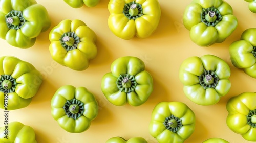 Vibrant green bell peppers scattered on matching green background in minimalistic style, bright, fresh appearance bell peppers contrasts beautifully with smooth background, healthy eating, vegetables. photo