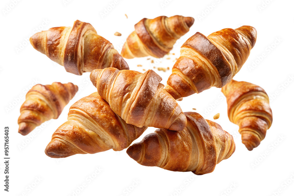 Croissants that fresh and delicious falling in the air isolated on transparent background Croissants that fresh and delicious falling in the air isolated on transparent background