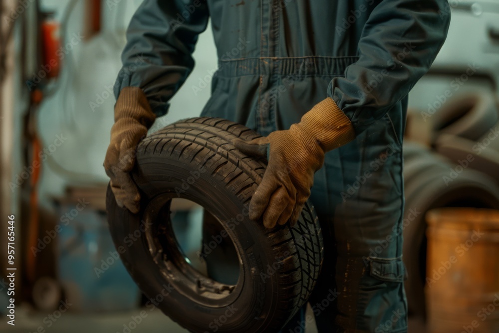 A mechanic in blue coveralls handling a durable tire in a garage, indicating the hands-on nature of automotive maintenance work. A mechanic in blue coveralls handling a durable tire in a garage, indicating the hands-on nature of automotive maintenance work.