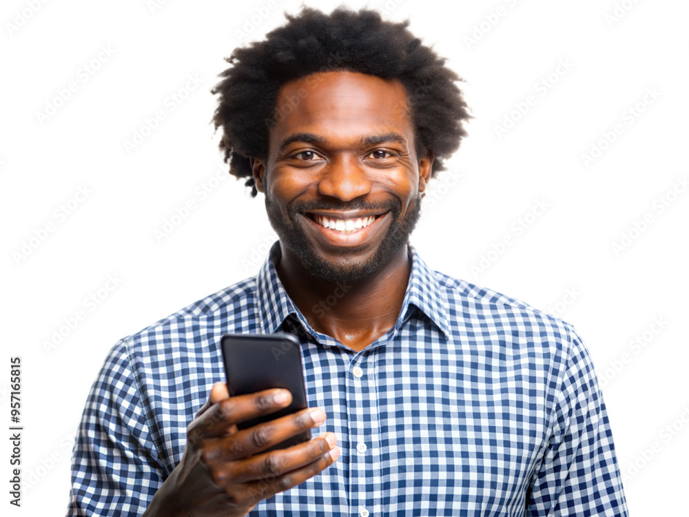 Mobile phone in hands of an African American man isolated on transparent background