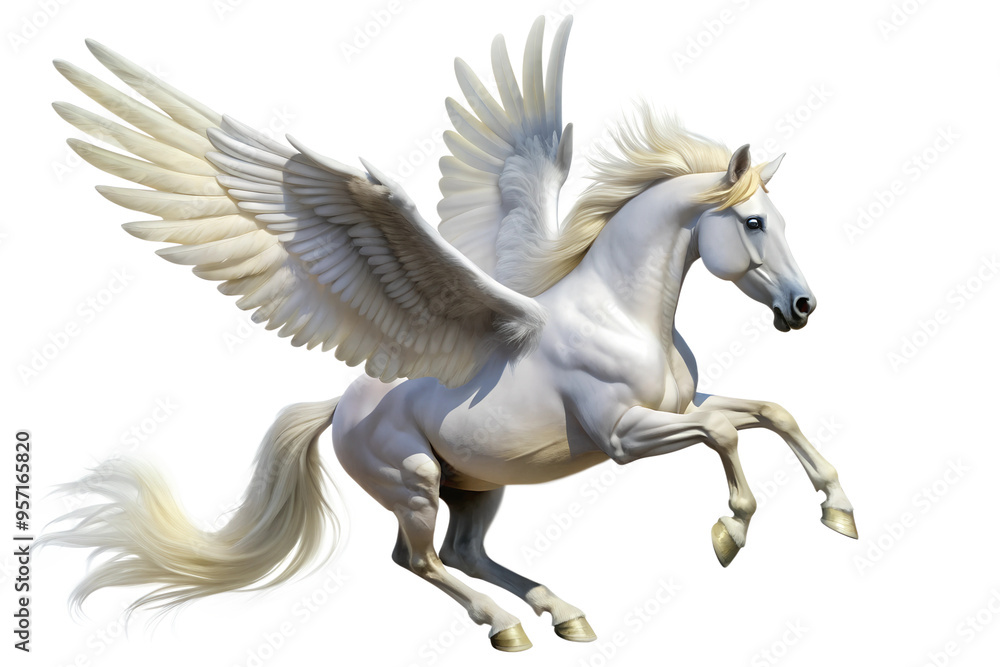 Majestic white winged horse, Pegasus, in flight isolated on transparent background Majestic white winged horse, Pegasus, in flight isolated on transparent background