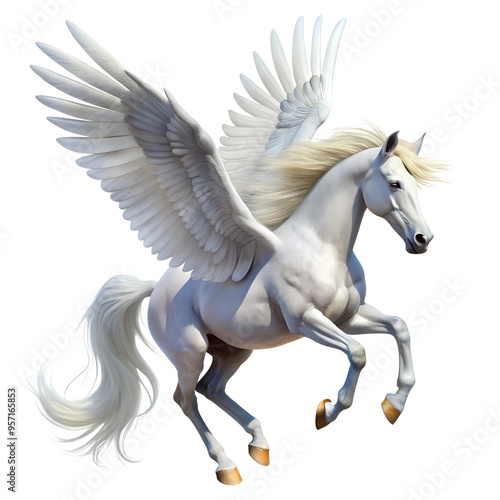 Majestic white winged horse, Pegasus, in flight isolated on transparent background