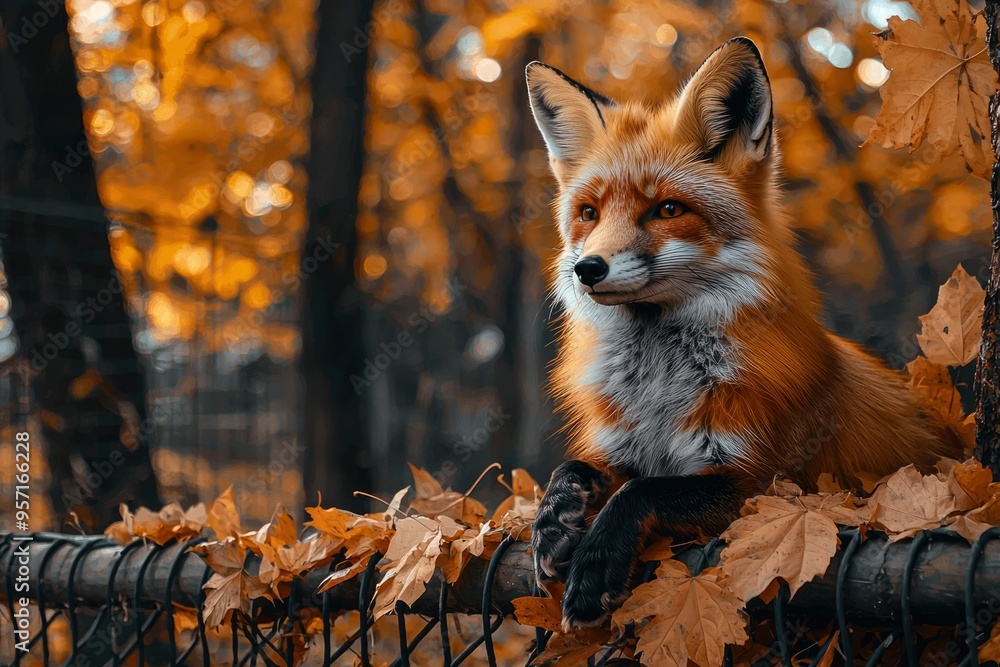 Fototapeta premium Red Fox Resting in Autumn Leaves on a Fence