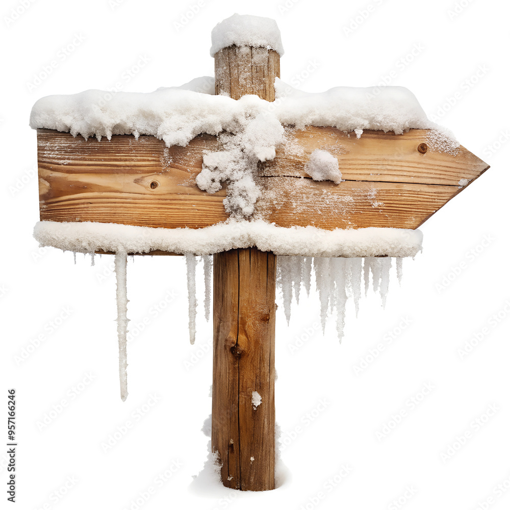 Naklejka premium Wooden signpost covered in snow and icicles, cut out. Isolated on transparent background