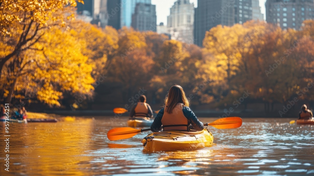 custom made wallpaper toronto digitalA person kayaking in still lake water with colorful Autumn foliage woods and city skyscrapers.