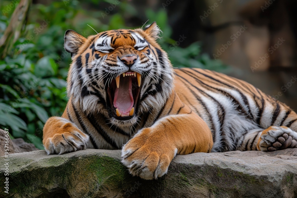 A Yawning Tiger Resting on a Rock A Yawning Tiger Resting on a Rock