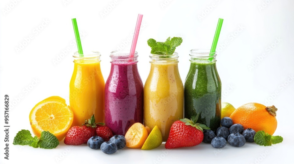 Colorful smoothies in glass bottles with fruits slices and straws on white background Colorful smoothies in glass bottles with fruits slices and straws on white background