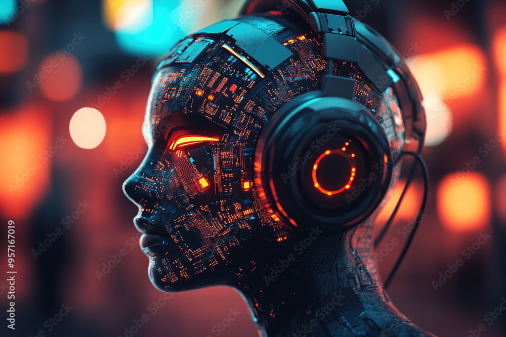 Futuristic Digital Human With Headphones and Circuit Board Face Futuristic Digital Human With Headphones and Circuit Board Face