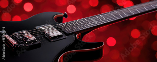 A close-up view of a sleek black electric guitar, showcasing its shiny strings and beautiful curves set against a vibrant red backdrop.