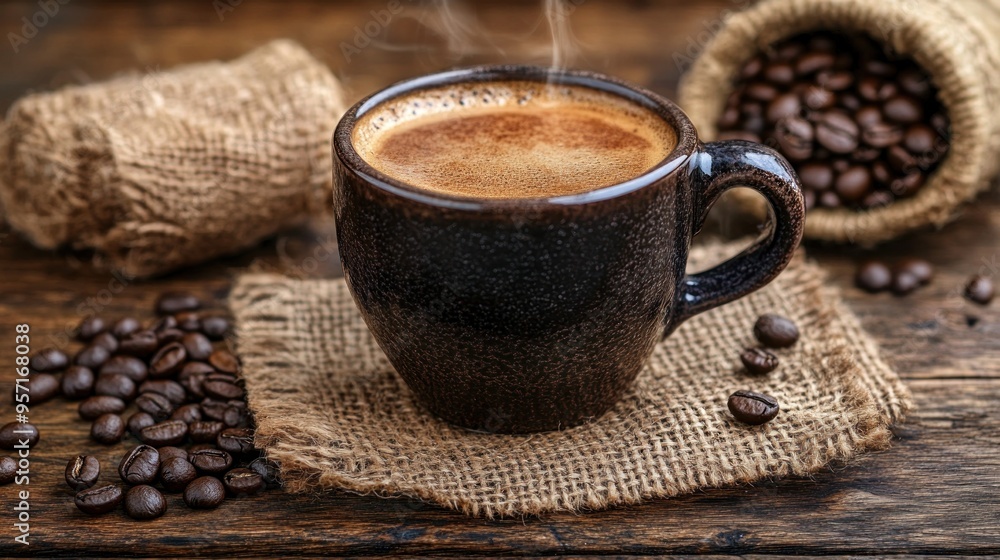 Aromatic Cup of Coffee with Steaming Espresso Aromatic Cup of Coffee with Steaming Espresso