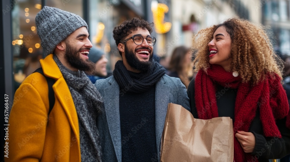 Friends enjoying Black Friday shopping together in an urban setting filled with holiday spirit Friends enjoying Black Friday shopping together in an urban setting filled with holiday spirit