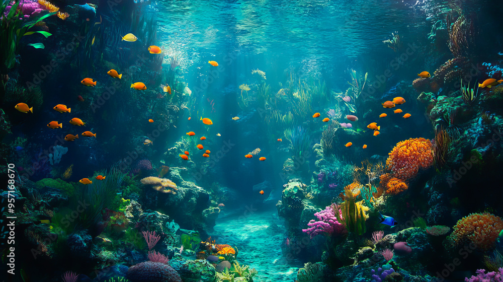 Obraz premium Panoramic view of underwater world with tropical fish