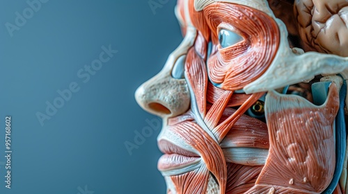 Anatomical study of a woman s profile  exposed facial muscles and detailed structure