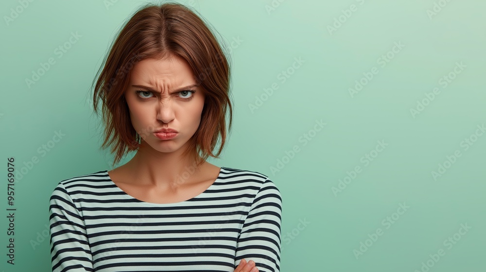 Fototapeta premium A young Caucasian woman with short brown hair, wearing a striped shirt, shows frustration against a pale green background